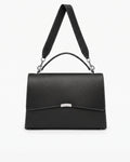 A structured black leather bag with a top handle, a detachable shoulder strap, contrast stitched seams, and a silver-tone metal accent on the front flap, shown against a plain white background.