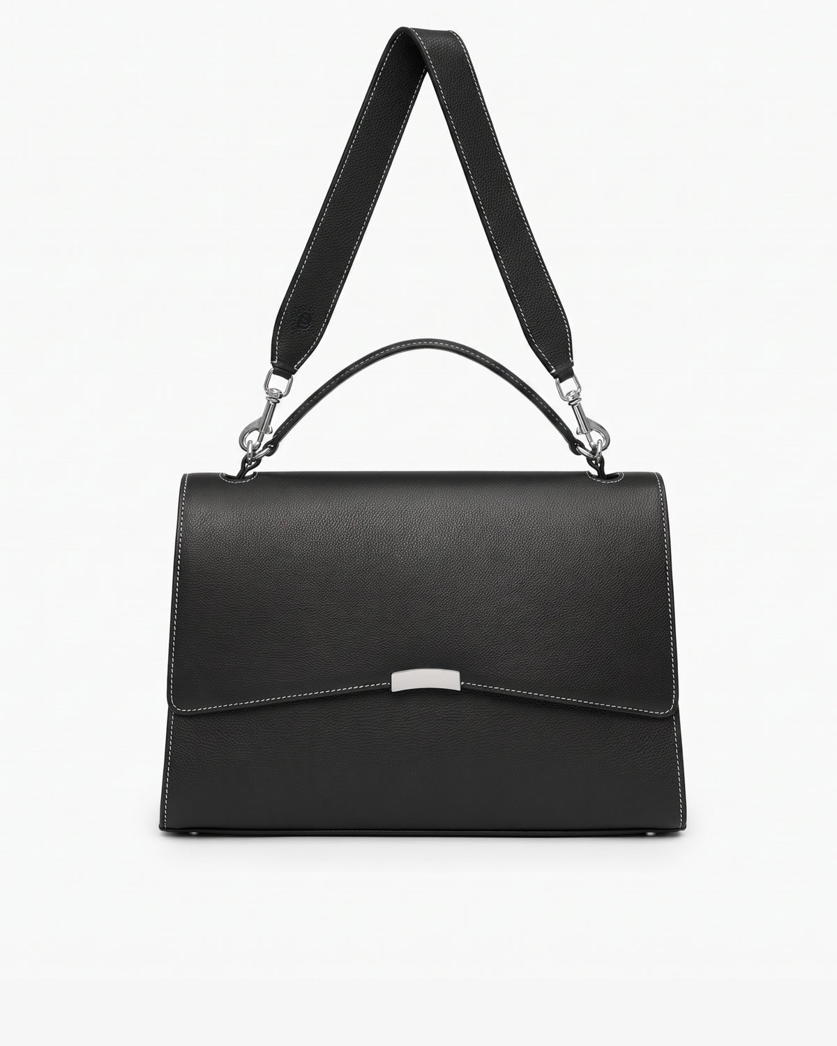 A structured black leather bag with a top handle, a detachable shoulder strap, contrast stitched seams, and a silver-tone metal accent on the front flap, shown against a plain white background.