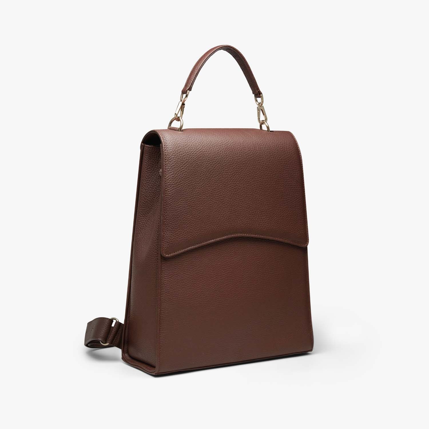 A dark brown grained leather backpack with light gold metalware. It has a detachable top handle and adjustable shoulder straps. It fits your laptop and other daily essentials.