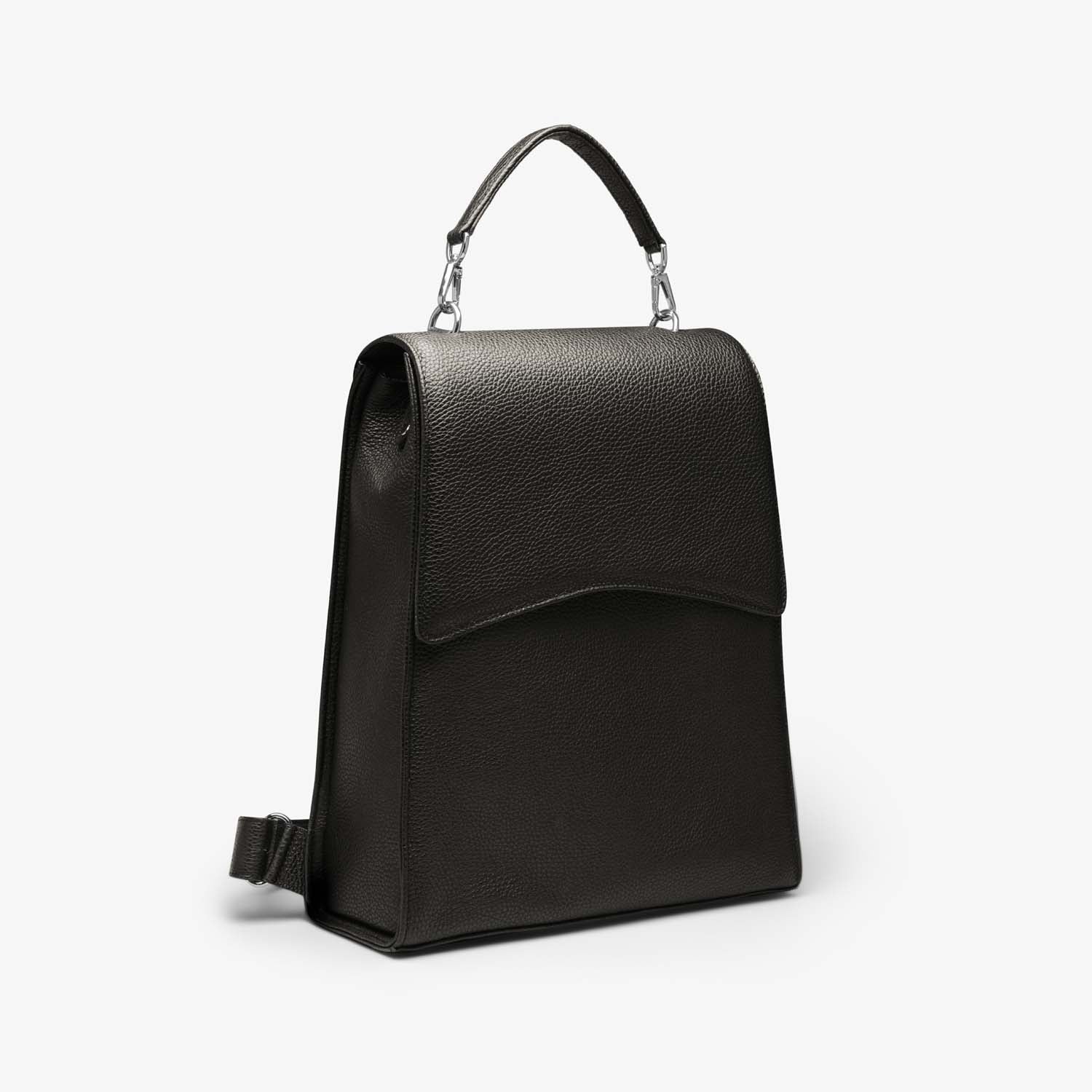 A black grained leather backpack with silver metalware. It has a detachable top handle and adjustable shoulder straps. It fits your laptop and other daily essentials.