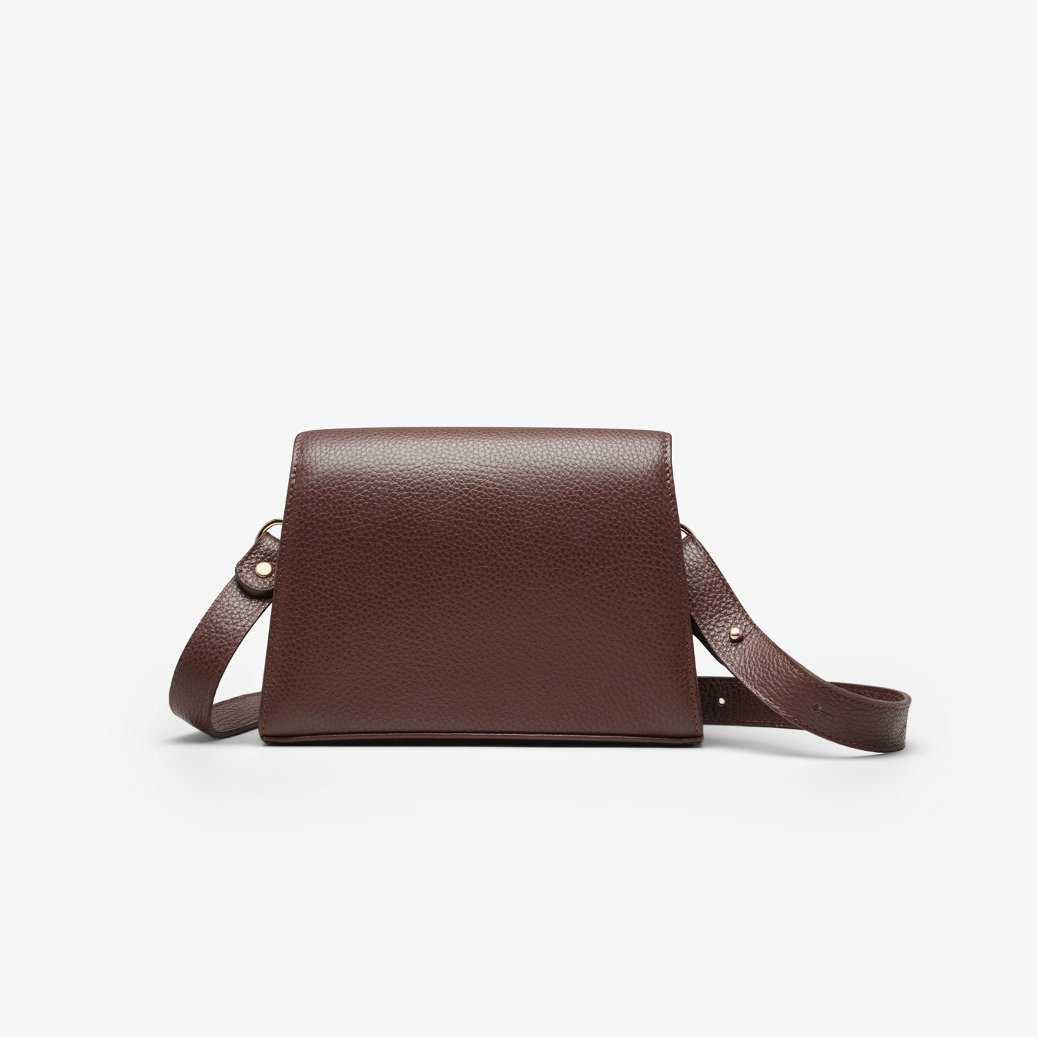 Shows the backside of a dark brown grained leather handbag with light gold metalware and an adjustable strap for a comfortable crossbody or shoulder fit. 