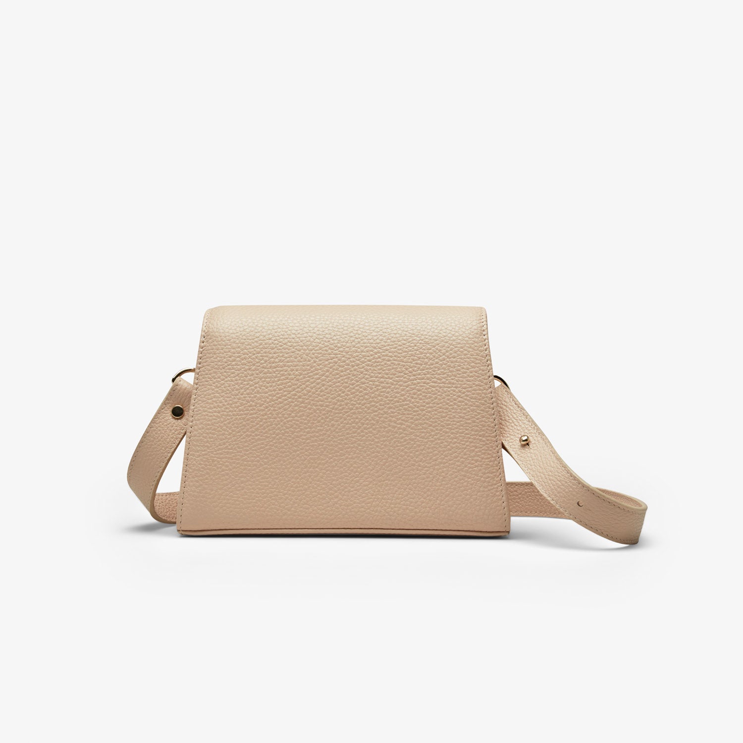 A beige grained leather handbag with light gold metalware and an adjustable strap for a comfortable crossbody or shoulder fit. 