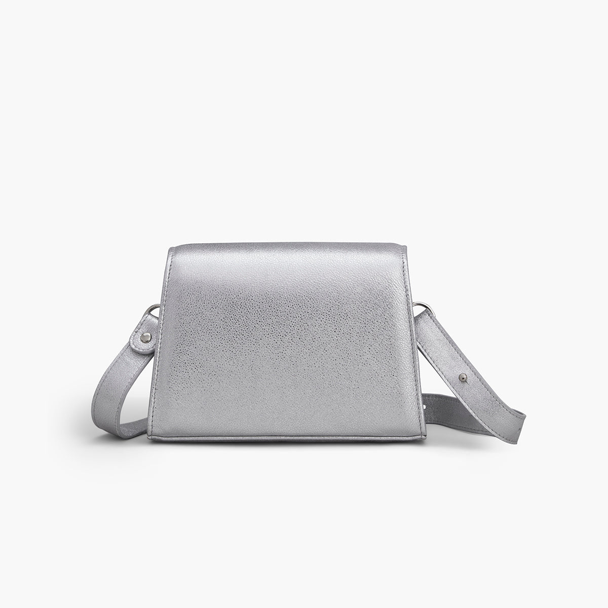 Shows the backside of a silver shimmer grained leather handbag with silver metalware and an adjustable strap for a comfortable crossbody or shoulder fit. 